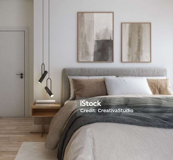 Modern interior of bedroom with gray and wooden furniture, 3d render